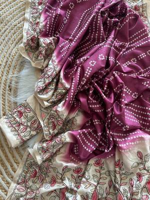 Magenta Color Digital Bandhani  Printed  And Katha Work Silk Saree 3