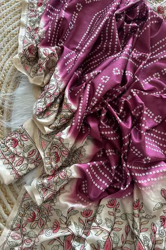 Magenta Color Digital Bandhani  Printed  And Katha Work Silk Saree