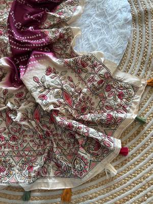 Magenta Color Digital Bandhani  Printed  And Katha Work Silk Saree 4