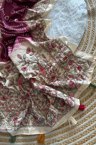 Magenta Color Digital Bandhani  Printed  And Katha Work Silk Saree