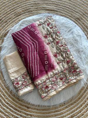 Magenta Color Digital Bandhani  Printed  And Katha Work Silk Saree 5