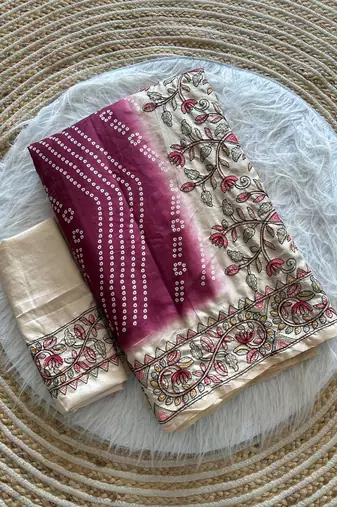 Magenta Color Digital Bandhani  Printed  And Katha Work Silk Saree
