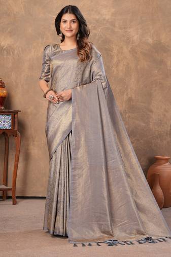 grey silk blend floral woven zari design saree with blouse piece