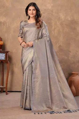 grey silk blend floral woven zari design saree with blouse piece