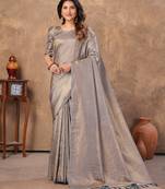 grey silk blend floral woven zari design saree with blouse piece