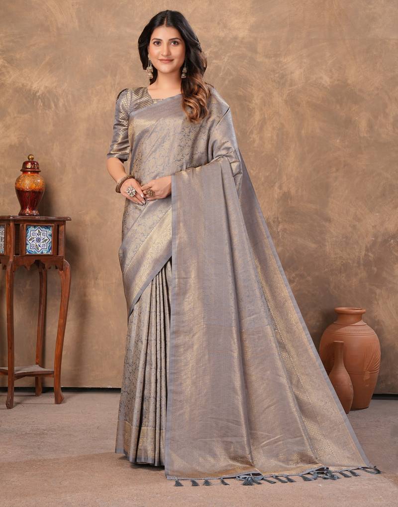 grey silk blend floral woven zari design saree with blouse piece