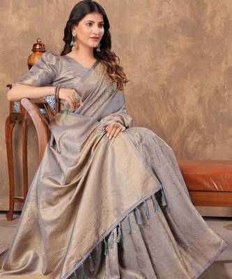 grey silk blend floral woven zari design saree with blouse piece 3