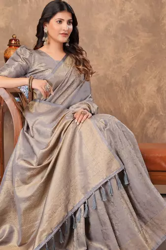 grey silk blend floral woven zari design saree with blouse piece