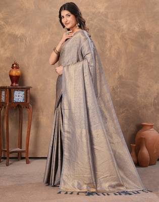 grey silk blend floral woven zari design saree with blouse piece 4