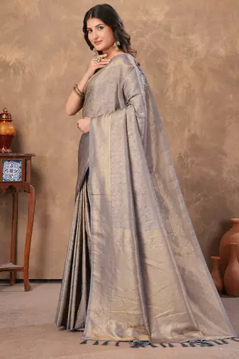 grey silk blend floral woven zari design saree with blouse piece