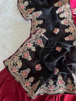 Black Color  golden embroidery Codding dori work with sequins work Silk Saree 1