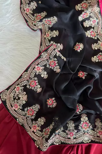Black Color  golden embroidery Codding dori work with sequins work Silk Saree
