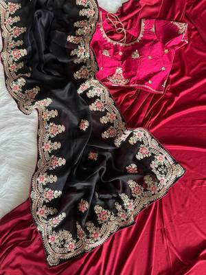 Black Color  golden embroidery Codding dori work with sequins work Silk Saree 2