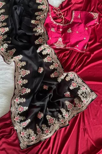 Black Color  golden embroidery Codding dori work with sequins work Silk Saree