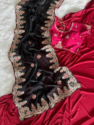 Black Color  golden embroidery Codding dori work with sequins work Silk Saree 3
