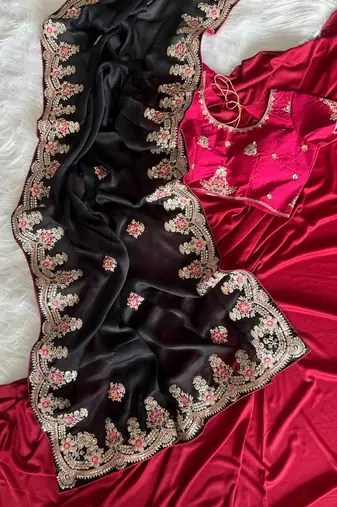 Black Color  golden embroidery Codding dori work with sequins work Silk Saree