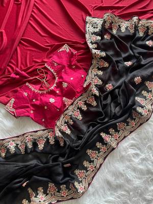 Black Color  golden embroidery Codding dori work with sequins work Silk Saree 4