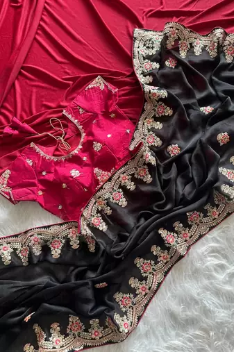 Black Color  golden embroidery Codding dori work with sequins work Silk Saree