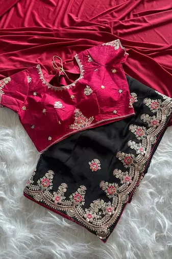 Black Color  golden embroidery Codding dori work with sequins work Silk Saree