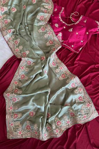 Light Sea Green  Color  golden embroidery Codding dori work with sequins work Silk Saree