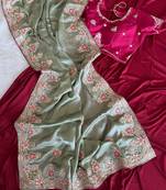 Light Sea Green  Color  golden embroidery Codding dori work with sequins work Silk Saree