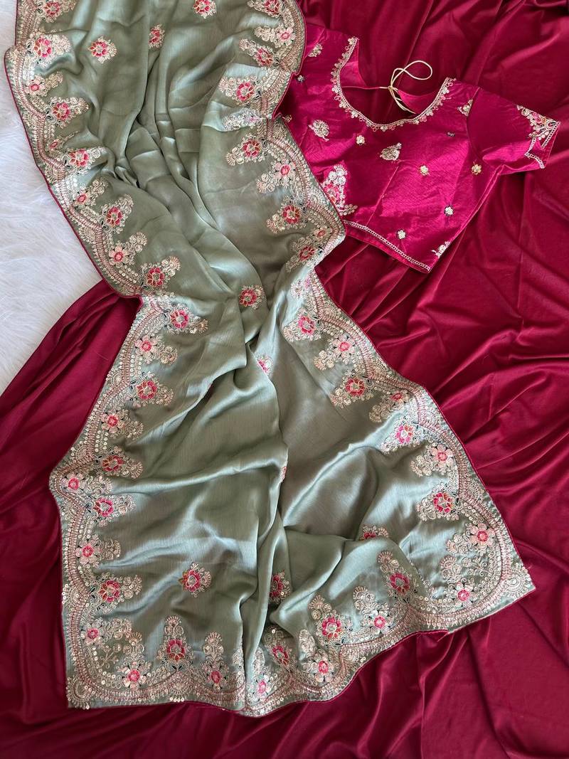 Light Sea Green  Color  golden embroidery Codding dori work with sequins work Silk Saree
