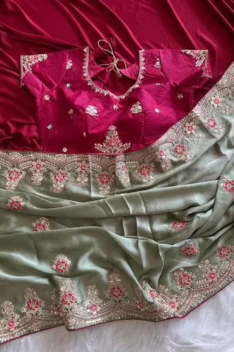 Light Sea Green  Color  golden embroidery Codding dori work with sequins work Silk Saree