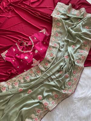 Light Sea Green  Color  golden embroidery Codding dori work with sequins work Silk Saree 3