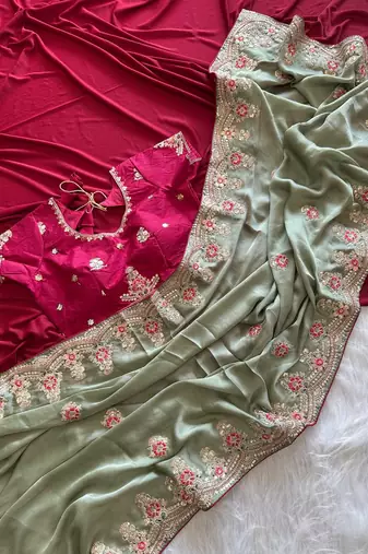 Light Sea Green  Color  golden embroidery Codding dori work with sequins work Silk Saree