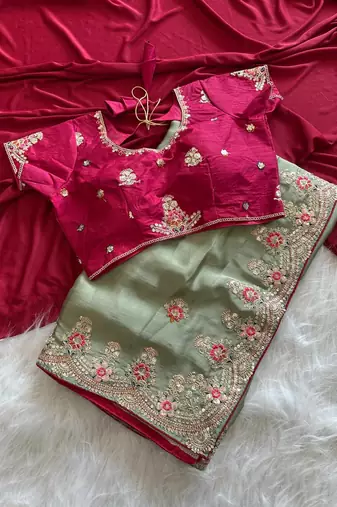 Light Sea Green  Color  golden embroidery Codding dori work with sequins work Silk Saree