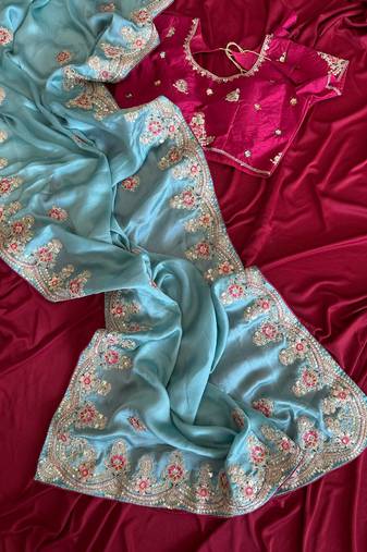 Blue Color  golden embroidery Codding dori work with sequins work Silk Saree