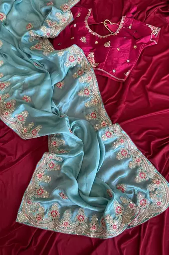 Blue Color  golden embroidery Codding dori work with sequins work Silk Saree