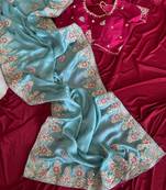 Blue Color  golden embroidery Codding dori work with sequins work Silk Saree