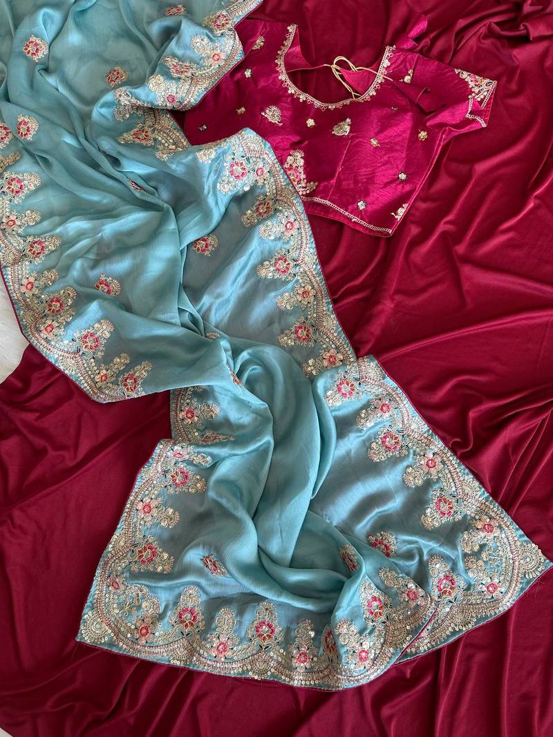 Blue Color  golden embroidery Codding dori work with sequins work Silk Saree