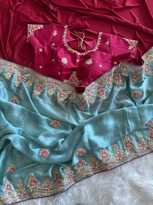 Blue Color  golden embroidery Codding dori work with sequins work Silk Saree 2