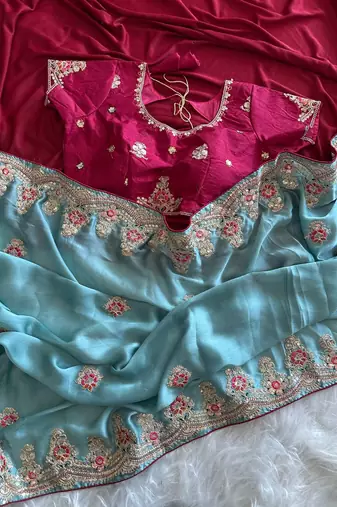 Blue Color  golden embroidery Codding dori work with sequins work Silk Saree