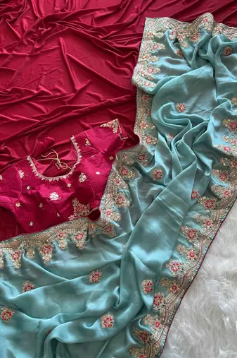 Blue Color  golden embroidery Codding dori work with sequins work Silk Saree