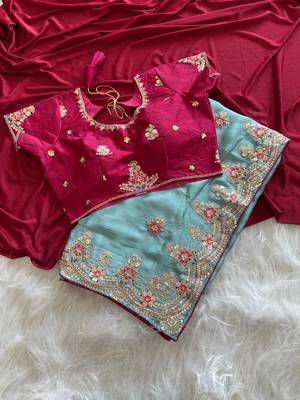 Blue Color  golden embroidery Codding dori work with sequins work Silk Saree 4
