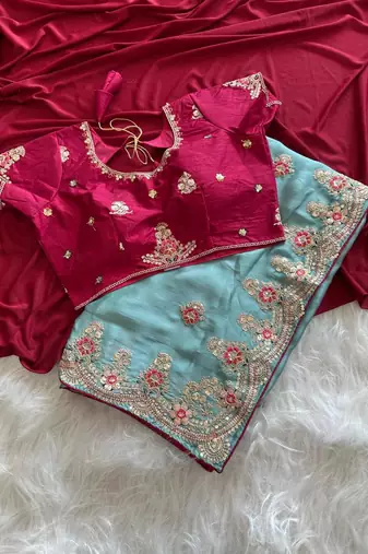 Blue Color  golden embroidery Codding dori work with sequins work Silk Saree