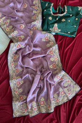 Lavender  Color  golden embroidery Codding dori work with sequins work Silk Saree