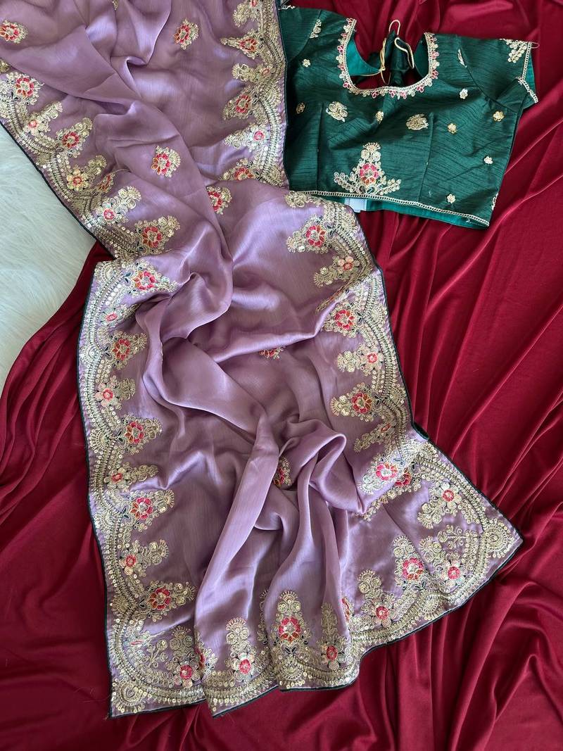 Lavender  Color  golden embroidery Codding dori work with sequins work Silk Saree