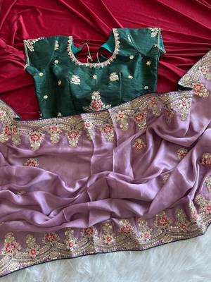 Lavender  Color  golden embroidery Codding dori work with sequins work Silk Saree 2