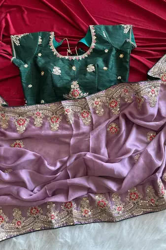 Lavender  Color  golden embroidery Codding dori work with sequins work Silk Saree