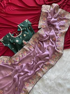 Lavender  Color  golden embroidery Codding dori work with sequins work Silk Saree 3