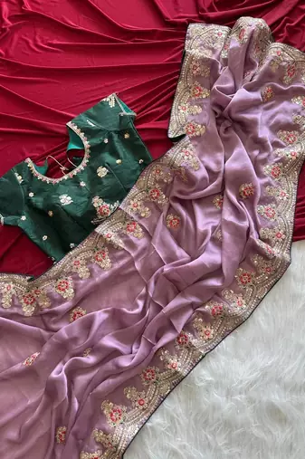 Lavender  Color  golden embroidery Codding dori work with sequins work Silk Saree