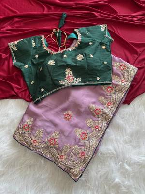 Lavender  Color  golden embroidery Codding dori work with sequins work Silk Saree 4