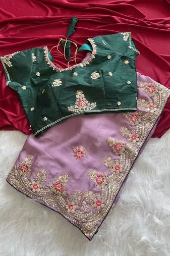 Lavender  Color  golden embroidery Codding dori work with sequins work Silk Saree