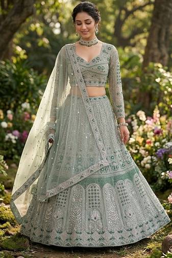GREEN SOFT NET PARTY WEAR EMBROIDERY LEHNGHA CHOLI