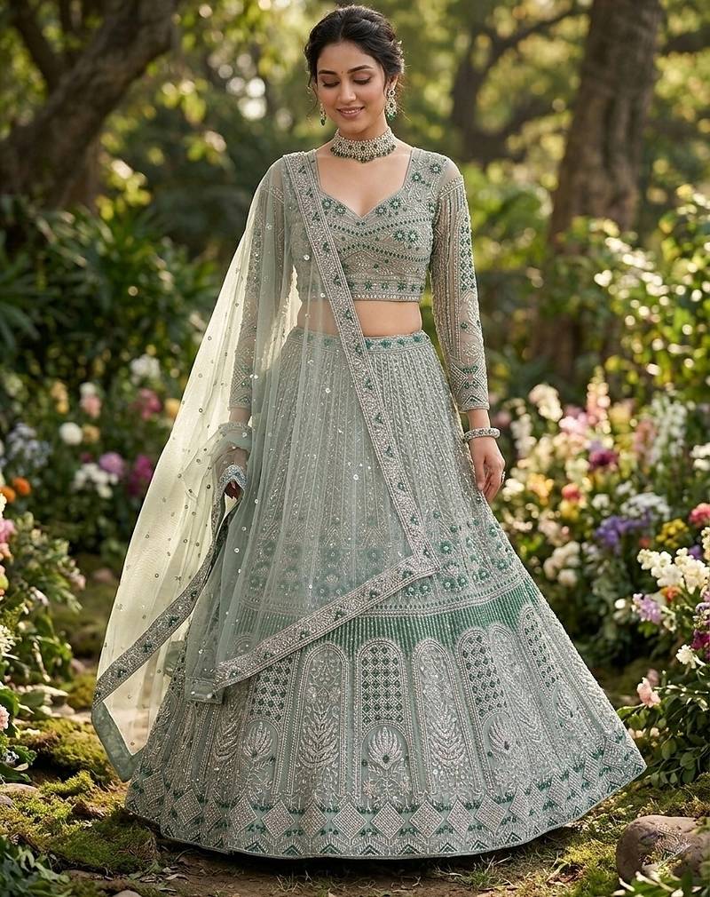 GREEN SOFT NET PARTY WEAR EMBROIDERY LEHNGHA CHOLI