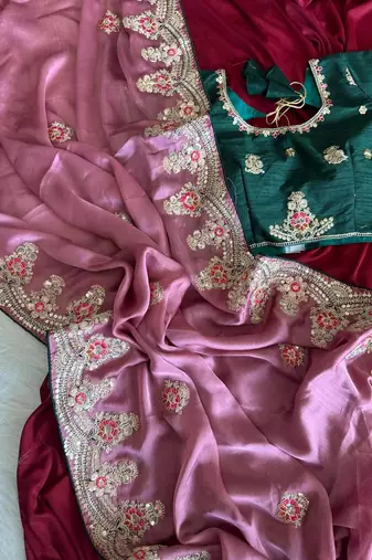 Onion Pink  Color  golden embroidery Codding dori work with sequins work Silk Saree